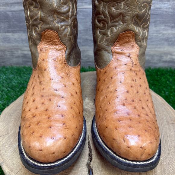 Goyazes Men - Size 9 - Olive Green/Tan Ostrich Cowboy Boots Style 359340 - Picture 2 of 11
